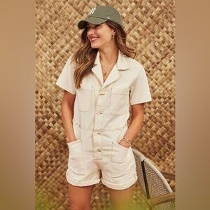 Pistola Parker Short Sleeve White Denim Romper Women’s Size M Ecru
